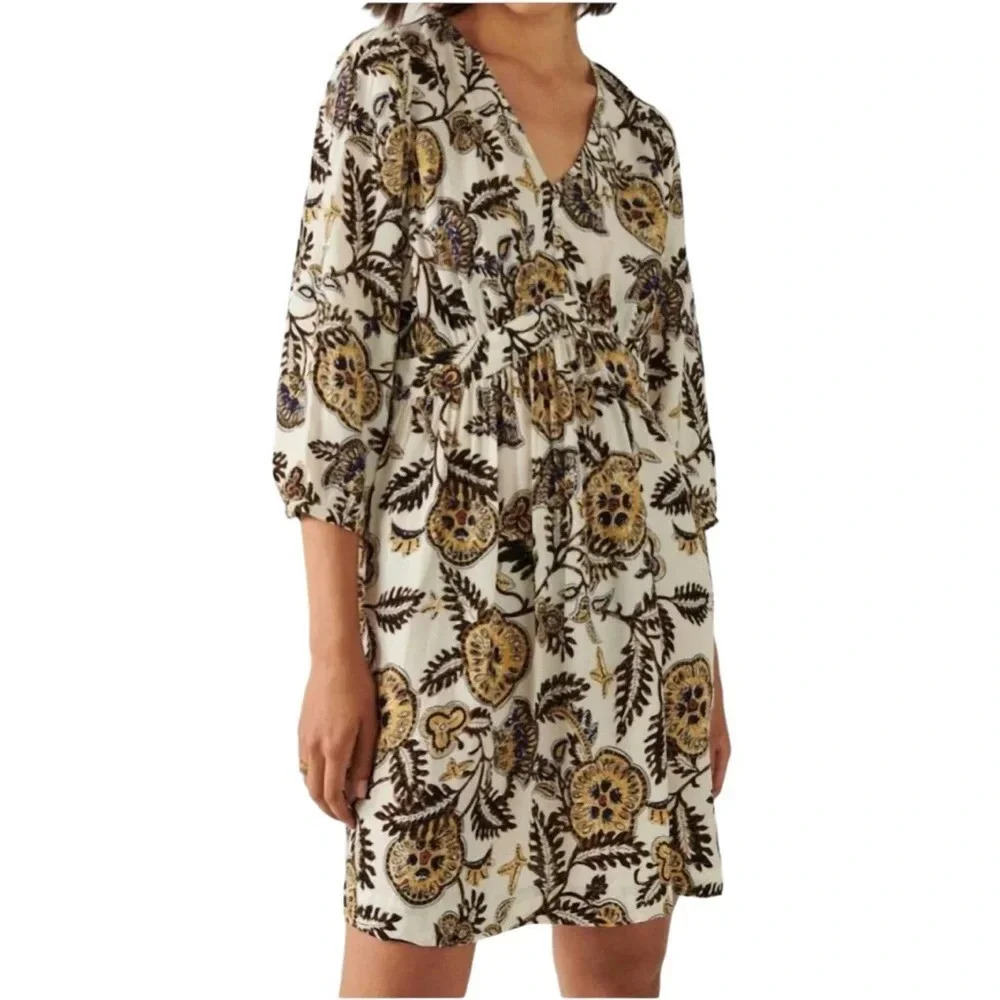 NWT BA&SH Printed Floral Leaf Volvet 3/4 Sleeve Mini Dress Beige Size XS